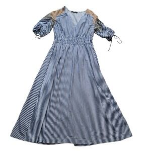 LOFT Dress Women's Large White Blue Midi Striped Tie Puff Sleeve Nautical Beach‎